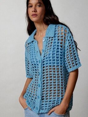 BDG Light Blue Open Knit Short Sleeve Button-Up Top